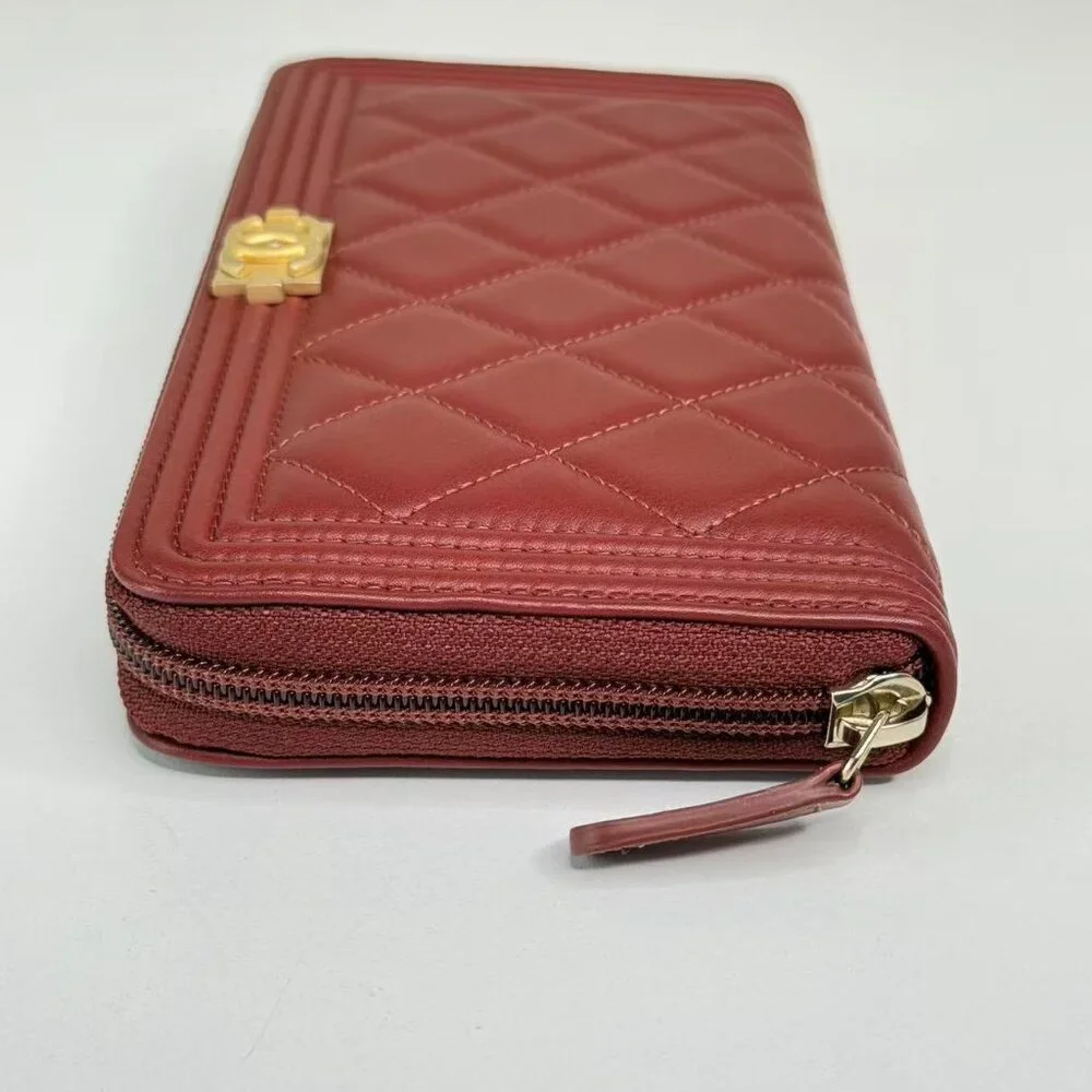 Chanel Dark Red Boy Wallet with Box Quilted Design & Gold Hardware